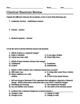 Preview of Review Chemical Reactions Worksheet Quiz