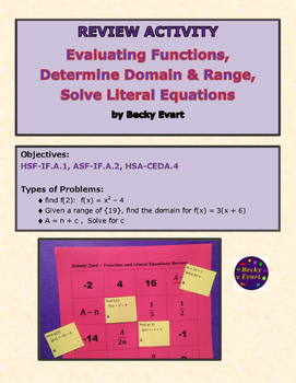 Preview of Review: Evaluate Functions, Find Domain & Range, Solve Literal Equations