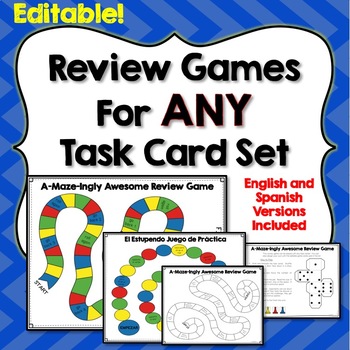 Preview of Task Cards Review Games for ANY Set, Editable, English and Spanish Versions