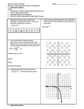 Preview of Review of Exponential and Logarithmic Functions and Equations