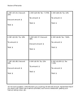 Preview of Review of Percents Worksheet