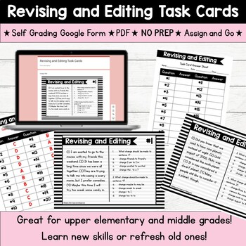 Preview of Revising and Editing Task Cards Google Forms and PDF