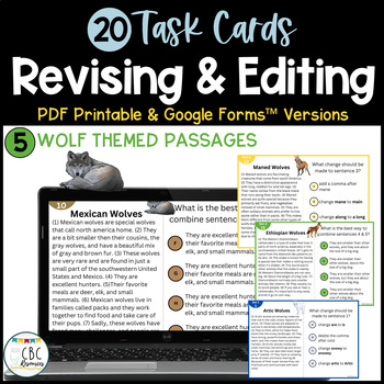 Preview of Revising and Editing Task Cards Passage Practice Print & Digital Wolf Theme