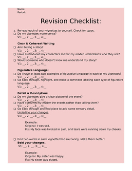 Preview of Revision Checklist for Vignette Writing Project