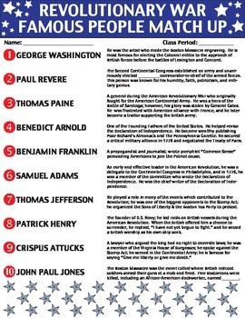 Revolutionary War Famous People Worksheet Printable Homework Tpt