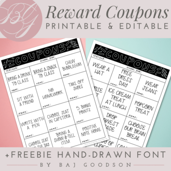 Preview of Reward Coupon Set Hand Drawn Editable and Print Ready Versions + FREEBIE Font