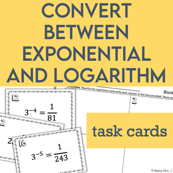 Preview of Rewrite Exponential Expressions as Logarithms Task Card Activity