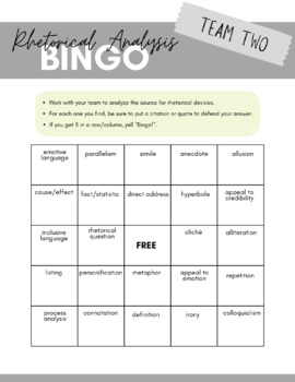 Preview of Rhetorical Analysis/Persuasive Techniques BINGO Activity for any text!
