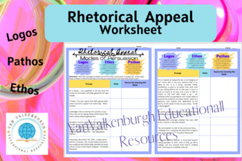 Preview of Rhetorical Appeal Worksheet: Logos, Ethos and Pathos