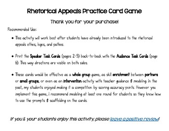 Preview of Rhetorical Appeals Card Game