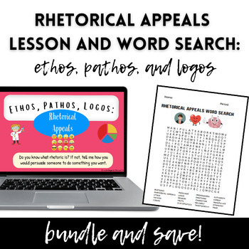 Preview of Rhetorical Appeals Lesson + Printable Word Search  | Ethos, Pathos, Logos