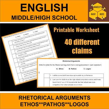 Preview of Rhetorical Arguments Ethos Pathos Logos Worksheet Printable