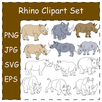 Preview of Rhino Clipart Set. Doodle Cartoon Rhinos Clipart Collection | Commercial Use