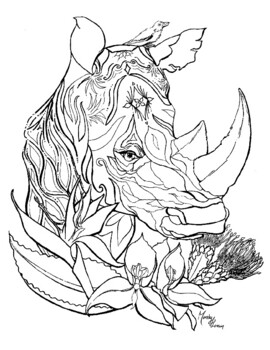 Preview of Rhinoceros Coloring Page with native flowers and foliage, printable page