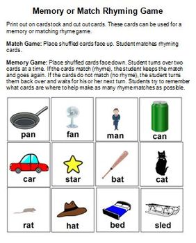 Preview of Rhyme Practice Memory/Match Game and Worksheets Common Core RF.K.2a