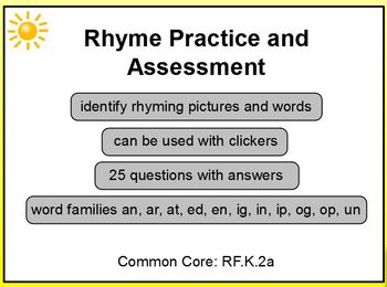 Preview of Rhyme Practice and Assessment PreK K 1 Promethean Lesson Common Core RF.K.2a