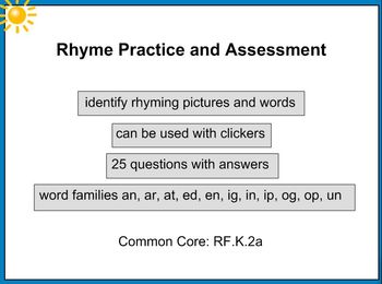 Preview of Rhyme Practice and Assessment PreK K 1 SMART Notebook Lesson Common Core RF.K.2a
