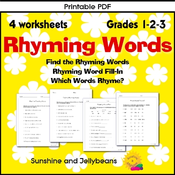 Preview of Rhyming Words - 4 worksheets - Great Practice! - Grades 1-2-3