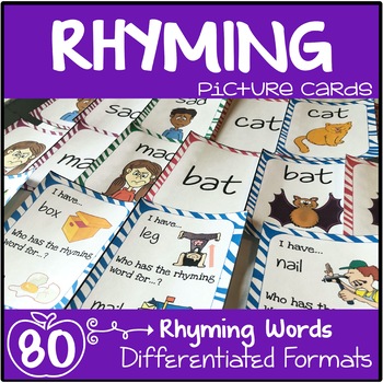 Preview of Rhyming Words Picture Cards & Bonus Rhyming Words I Have, Who Has Game