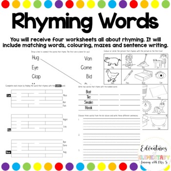 Preview of Rhyming Words Worksheet (4 pack w/ answer key)