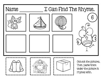 rhyming worksheets cut and paste by lily b creations tpt