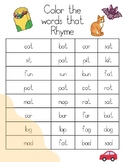 Rhyming word coloring worksheets, Language Arts Kindergart