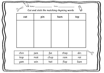 Preview of Rhyming words cut and stick worksheet  - Kindergarten / Reception / Year 1