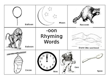 Preview of Rhyming words with pictures;  -an,-ee,-ock,-oon,-ain,-ake,-op,-ing, -ox, -ed