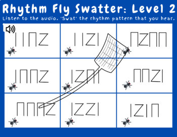 Preview of Rhythm Fly Swatter Level 2 (Ta, Titi, and Quarter Rest) with Percussion Audio