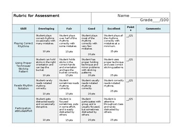 Preview of Rhythm Playing Rubric - Bucket Drumming/World Drumming Unit
