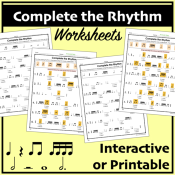 Preview of Complete the Rhythm Worksheets #1 INTERACTIVE or PRINTABLE - DH, W, 16th