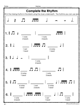Complete the Rhythm Worksheets #1 INTERACTIVE or PRINTABLE - DH, W, 16th