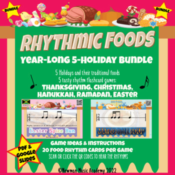 Preview of Rhythmic Foods *HOLIDAY BUNDLE*: Yearlong 5-Holiday Rhythm Flashcard Games