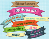 SALE- Ribbon Banners Clipart Set, Many Colors