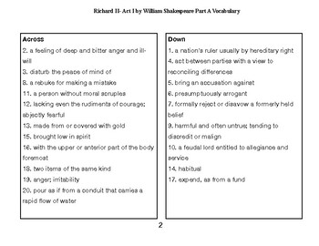 Richard II Act I﻿ by William Shakespeare Vocabulary Part A Crossword