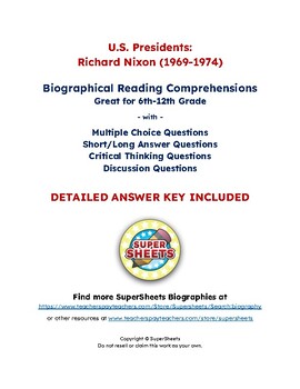 Preview of Richard Nixon Biography: Reading Comprehension & Questions w/ Answer Key