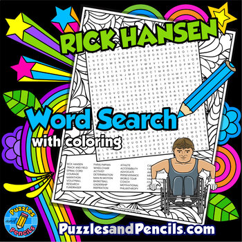 Preview of Rick Hansen Word Search Puzzle Activity and Coloring | Famous Canadians