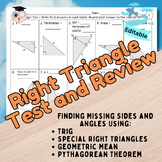 Right Triangle Test and Review - Finding Missing Sides and Angles