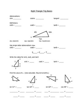 Preview of Right Triangle Trig Basics - Fill in the blank notes
