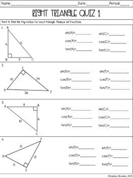 Right Triangle Trigonometry Quizzes by Lindsay Bowden - Secondary Math