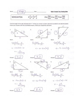 Right Triangle Trigonometry Trig Finding Missing Sides Worksheet