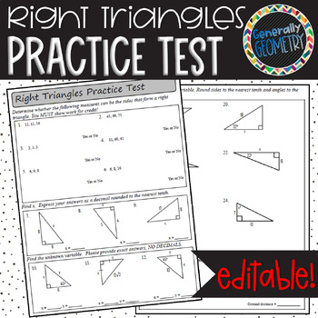 Preview of Right Triangles Practice Test - EDITABLE - Pythagorean Theorem - Trigonometry