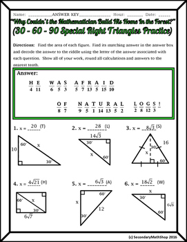 Right Triangles Special 30 60 90 Riddle Practice Worksheet Tpt