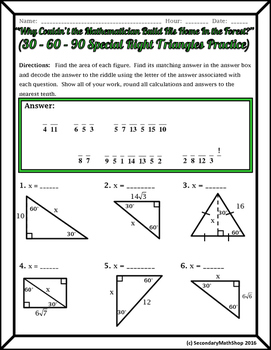 Right Triangles Special 30 60 90 Riddle Practice Worksheet  TpT