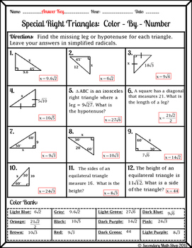 Right Triangles Special 45 45 90 30 60 90 Wintery Color By Number Worksheet