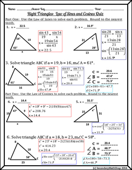 Right Triangles Unit - The Laws of Cosines & Sines Quiz FREEBIE!!!