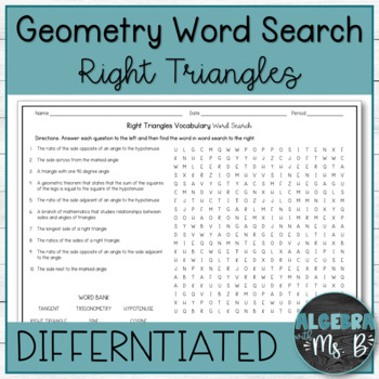 Preview of Right Triangles & Trigonometry Vocabulary Word Search