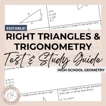 Preview of Right Triangles and Trigonometry Test & Study Guide (Editable!)