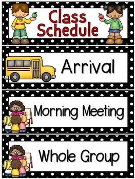 Right on Schedule Classroom Schedule Display Cards ~ Black Polka Dot
