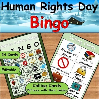 Preview of Rights & Images Bingo: Engaging Human Rights Day Activity/December 10th/24 Cards